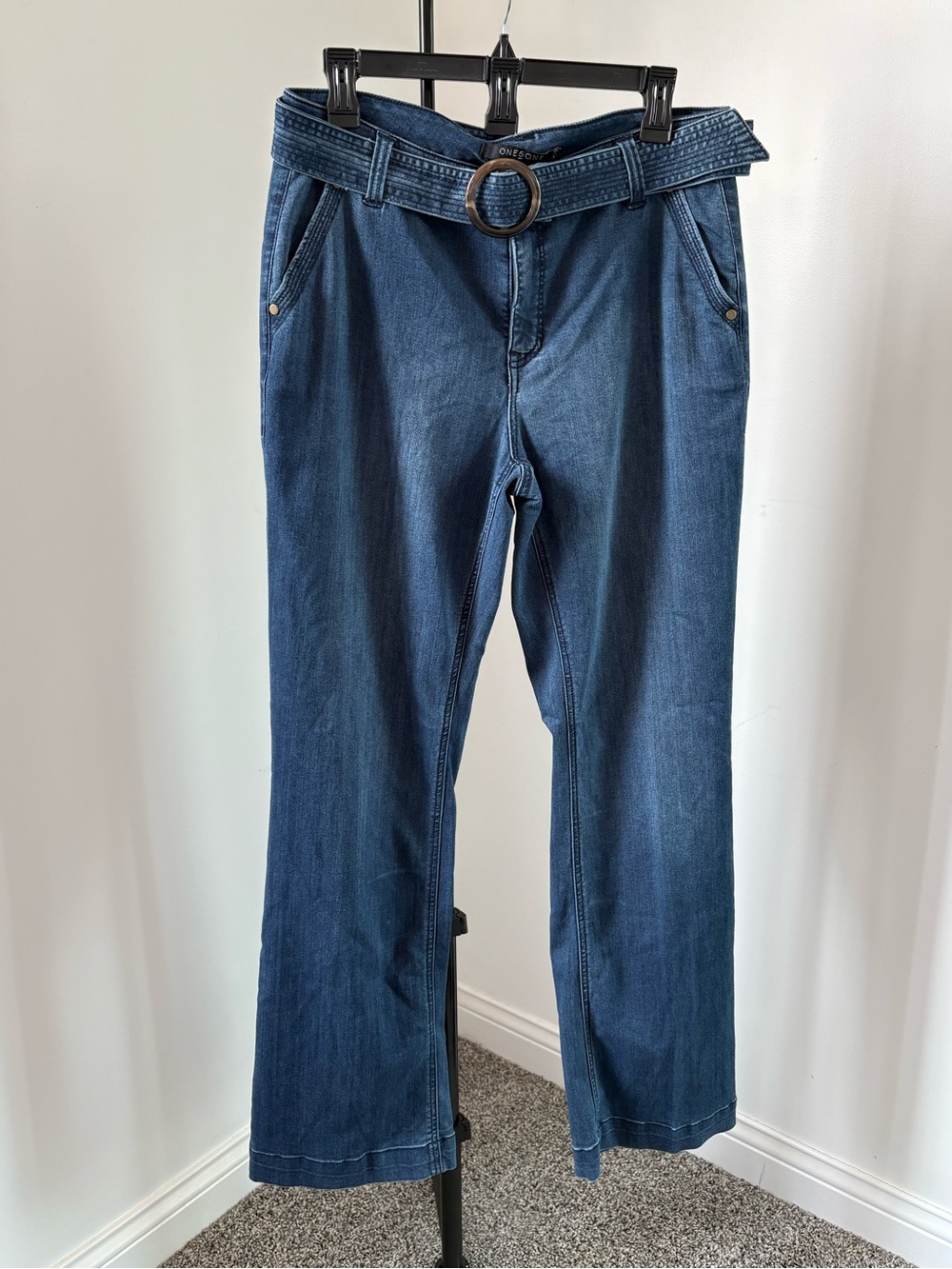 one 5 one Dark Blue High-Rise Wide Leg Jeans with Belt